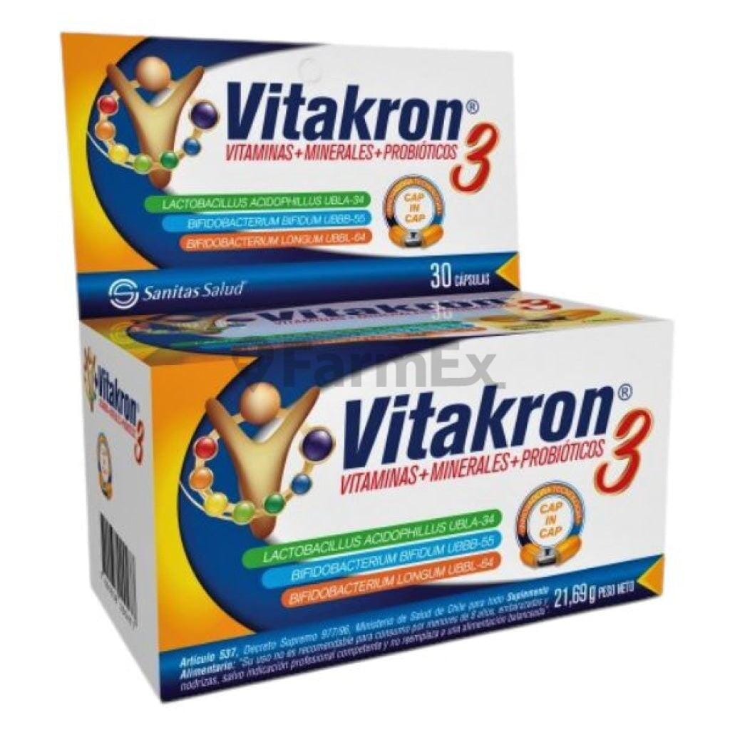 Vitakron 3 Vitaminas+Minerales+Probioticos x 30 capsulas Farmex-Fonasa-Persistente